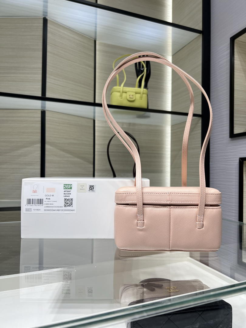 Chanel  AP5067 26SS Long Vanity with Leather Strap Grained Shiny Calfskin & Gold-Tone Metal  Light Pink