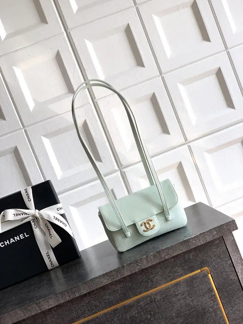 Chanel AP5068 Mini Flap Bag Grained Shiny Calfskin & Gold-Tone Metal Light gray-green