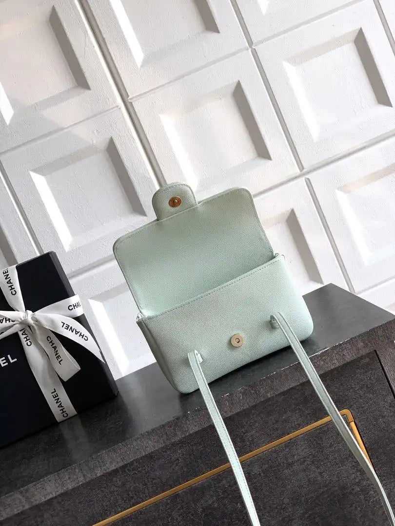 Chanel AP5068 Mini Flap Bag Grained Shiny Calfskin & Gold-Tone Metal Light gray-green