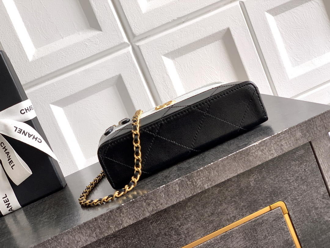 Chanel AP5186 26SS Vanity with Chain Suede Calfskin Shiny Lambskin & Gold-Tone Metal White & Black