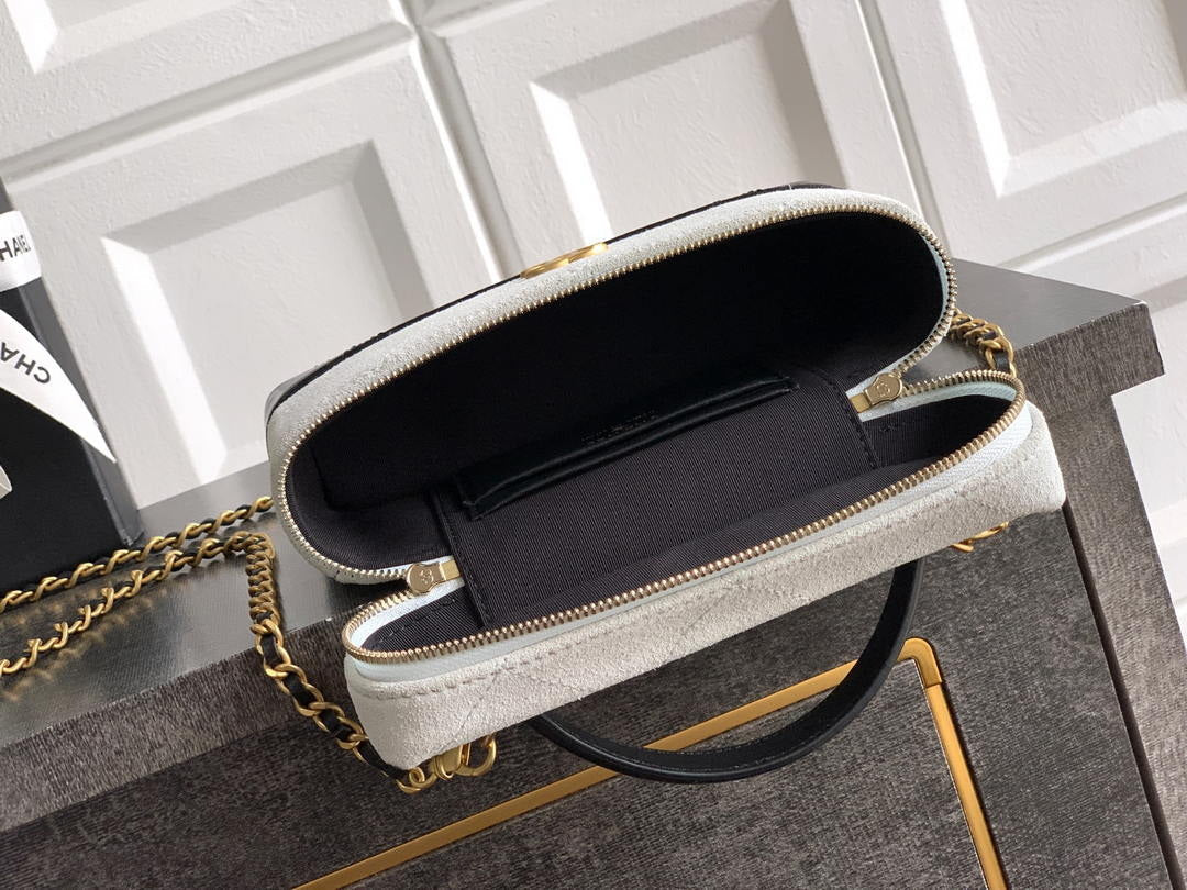 Chanel AP5186 26SS Vanity with Chain Suede Calfskin Shiny Lambskin & Gold-Tone Metal White & Black
