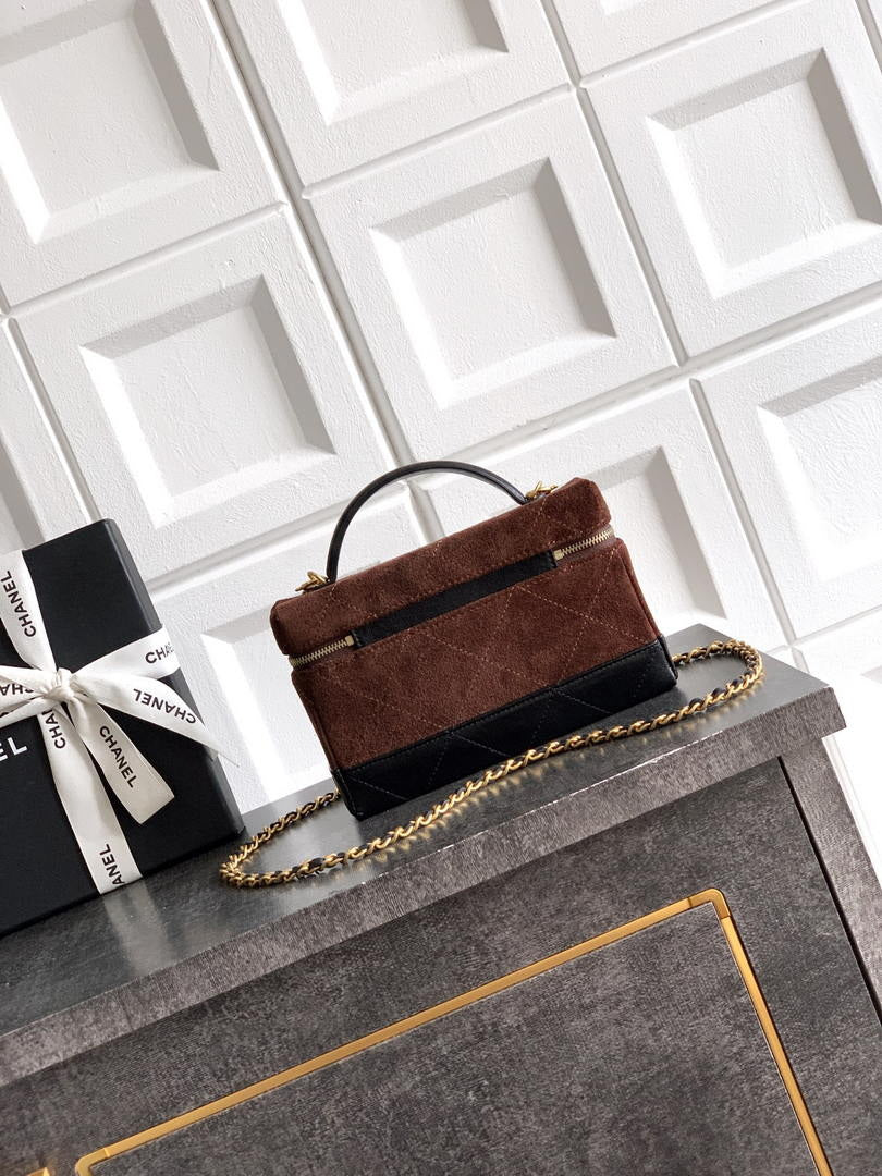 Chanel AP5186 26SS Vanity with Chain Suede Calfskin Shiny Lambskin & Gold-Tone Metal Dark Brown & Black