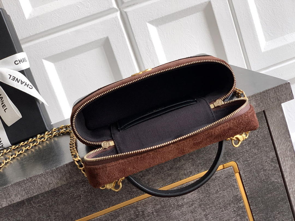 Chanel AP5186 26SS Vanity with Chain Suede Calfskin Shiny Lambskin & Gold-Tone Metal Dark Brown & Black