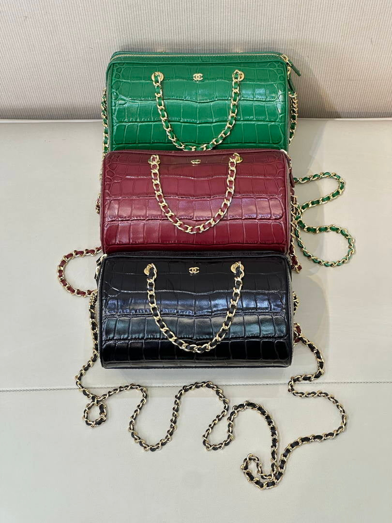Chanel AP5390 Calfskin Crocodile Embossed Mini Bowling Clutch With Chain Green