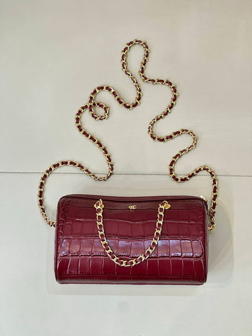 Chanel AP5390 Calfskin Crocodile Embossed Mini Bowling Clutch With Chain Wine Red