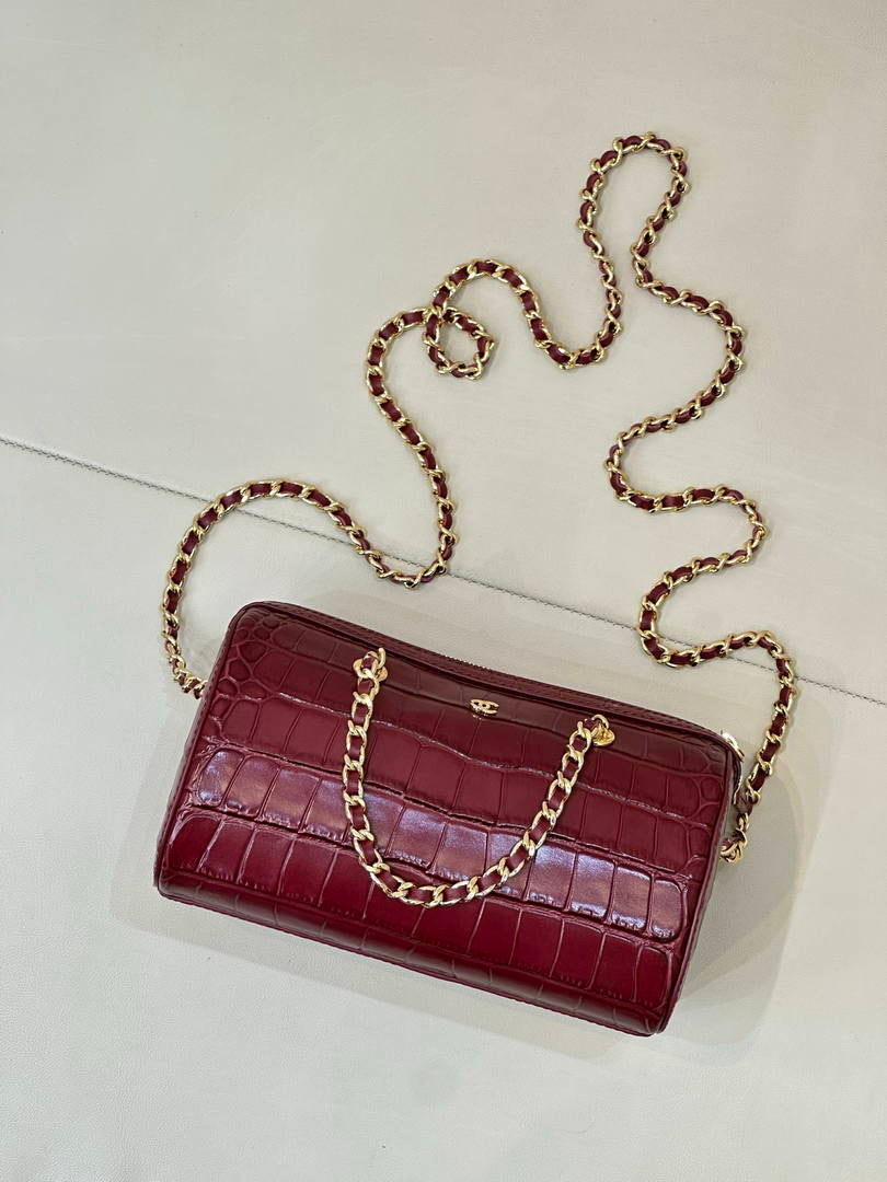 Chanel AP5390 Calfskin Crocodile Embossed Mini Bowling Clutch With Chain Wine Red