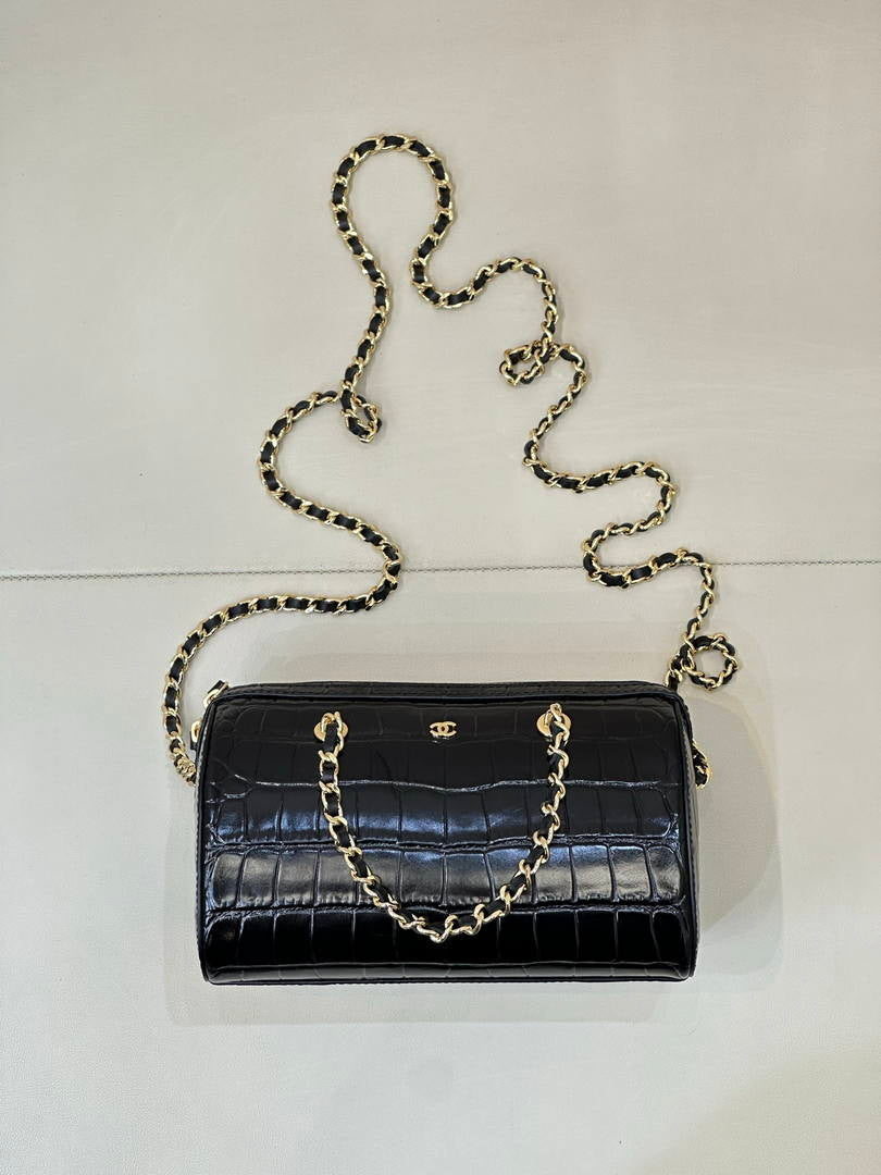 Chanel AP5390 Calfskin Crocodile Embossed Mini Bowling Clutch With Chain Black
