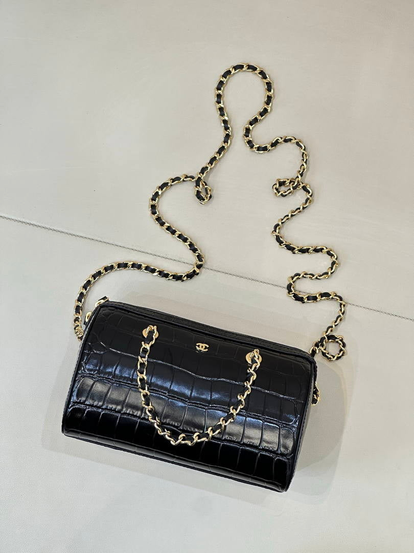 Chanel AP5390 Calfskin Crocodile Embossed Mini Bowling Clutch With Chain Black
