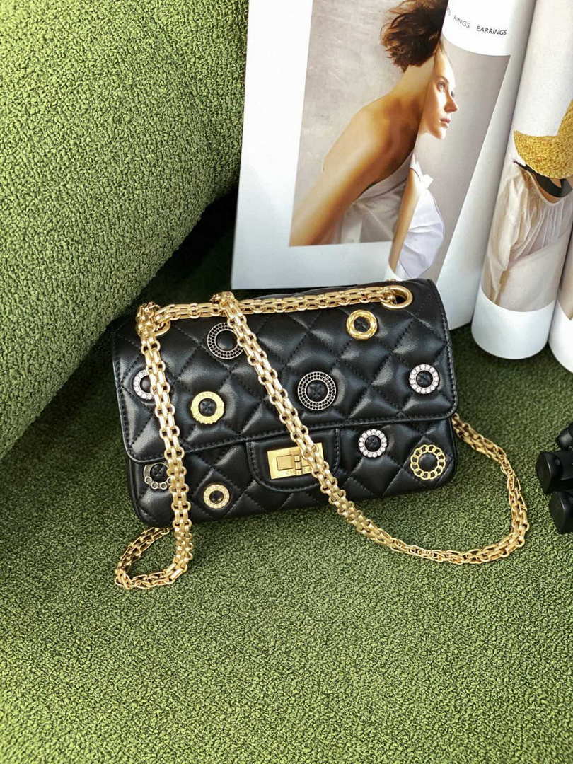Chanel AS0874 Mini 2.55 Handbag Calfskin Strass Glass Pearls Black Gold