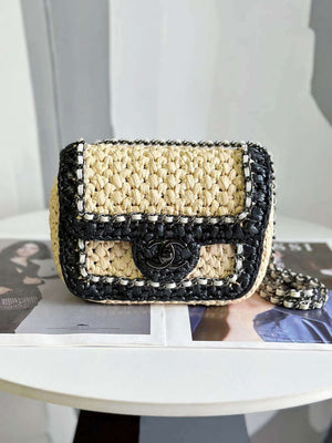 Chanel AS1115 Small Flap bag Raffia 18cm Beige & Black - Default Title - View 1