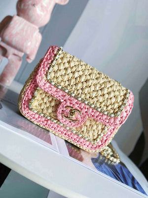 Chanel AS1115 Small Flap bag Raffia 18cm Beige & Pink - Default Title - View 1