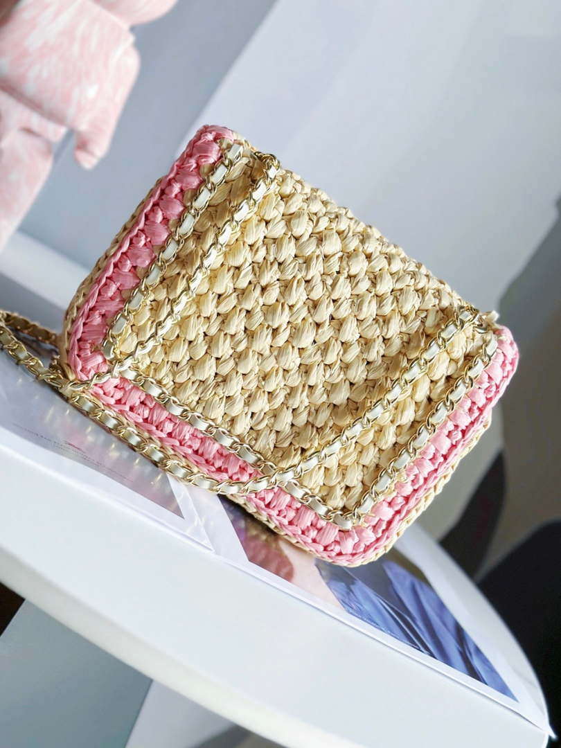 Chanel AS1115 Small Flap bag Raffia 18cm Beige & Pink - Default Title - View 2