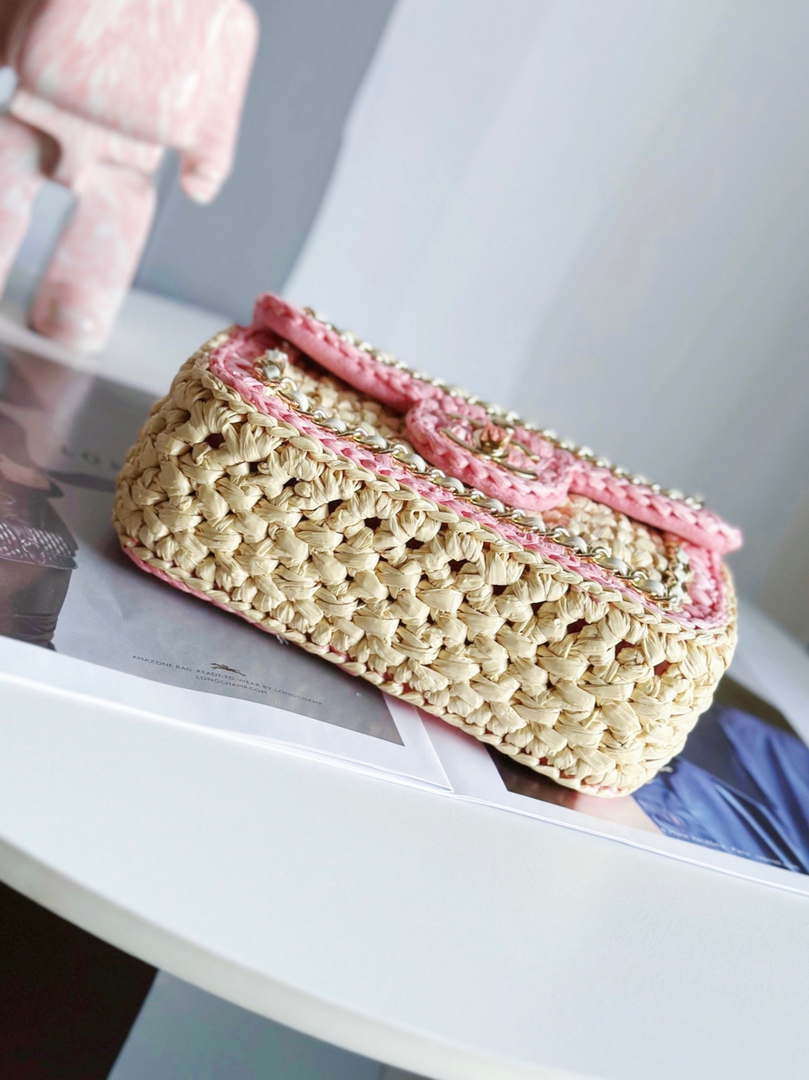 Chanel AS1115 Small Flap bag Raffia 18cm Beige & Pink - Default Title - View 4
