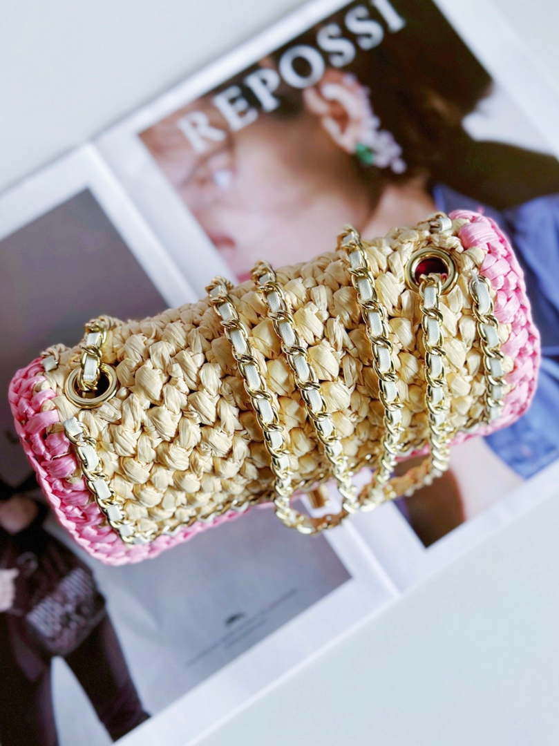 Chanel AS1115 Small Flap bag Raffia 18cm Beige & Pink - Default Title - View 5