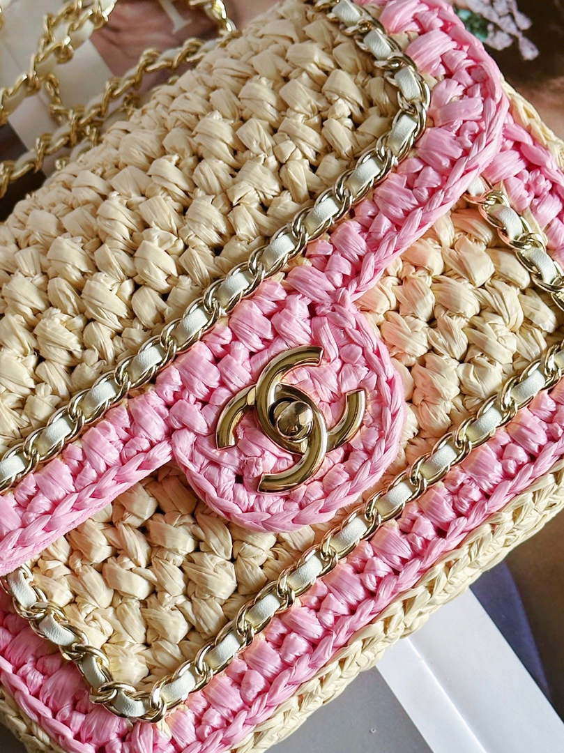 Chanel AS1115 Small Flap bag Raffia 18cm Beige & Pink