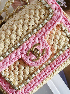 Chanel AS1115 Small Flap bag Raffia 18cm Beige & Pink - Default Title - View 6