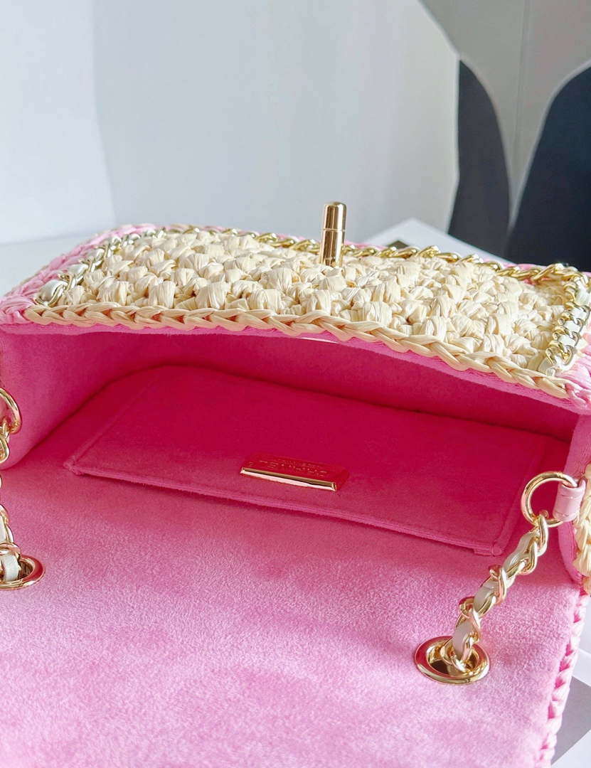 Chanel AS1115 Small Flap bag Raffia 18cm Beige & Pink