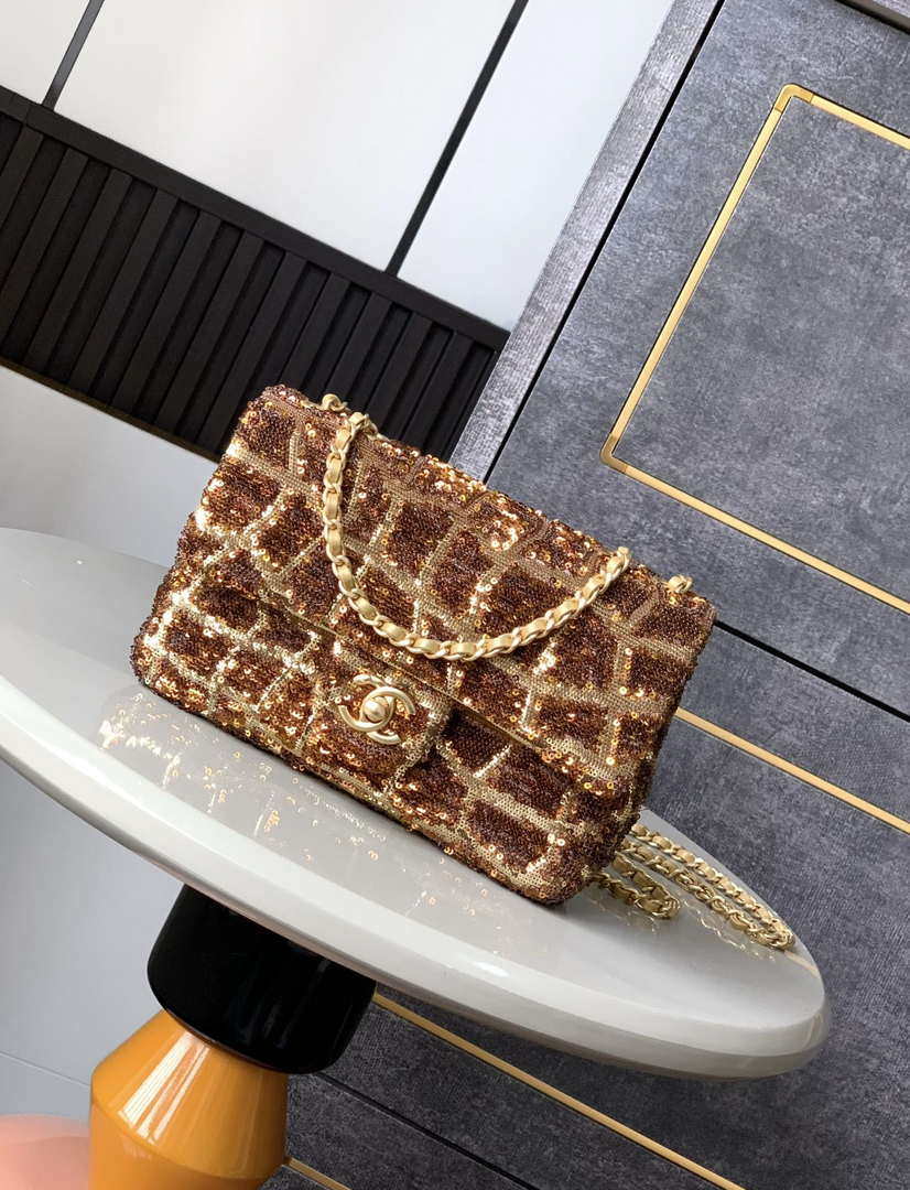 Chanel AS1116 25C Mini Flap Bag 20cm A69900 White dense sequins Gold