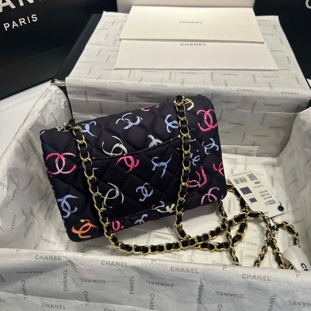 Chanel AS1116 Printed Fabric & Gold Metal Black & Multicolour