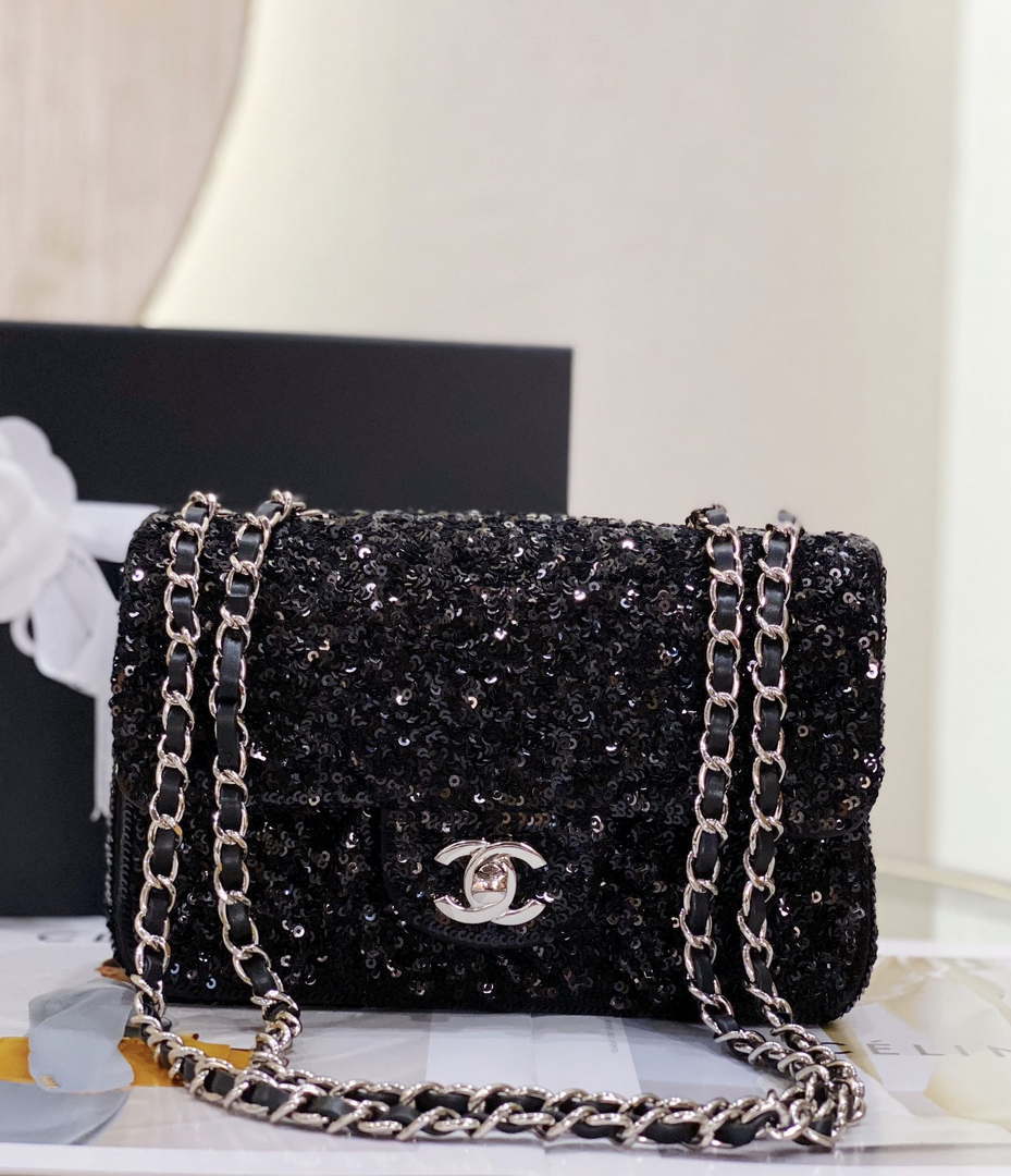 Chanel AS1116 Samll Flap sequin bag sparkling bingbing 20cm Black - Default Title - View 2