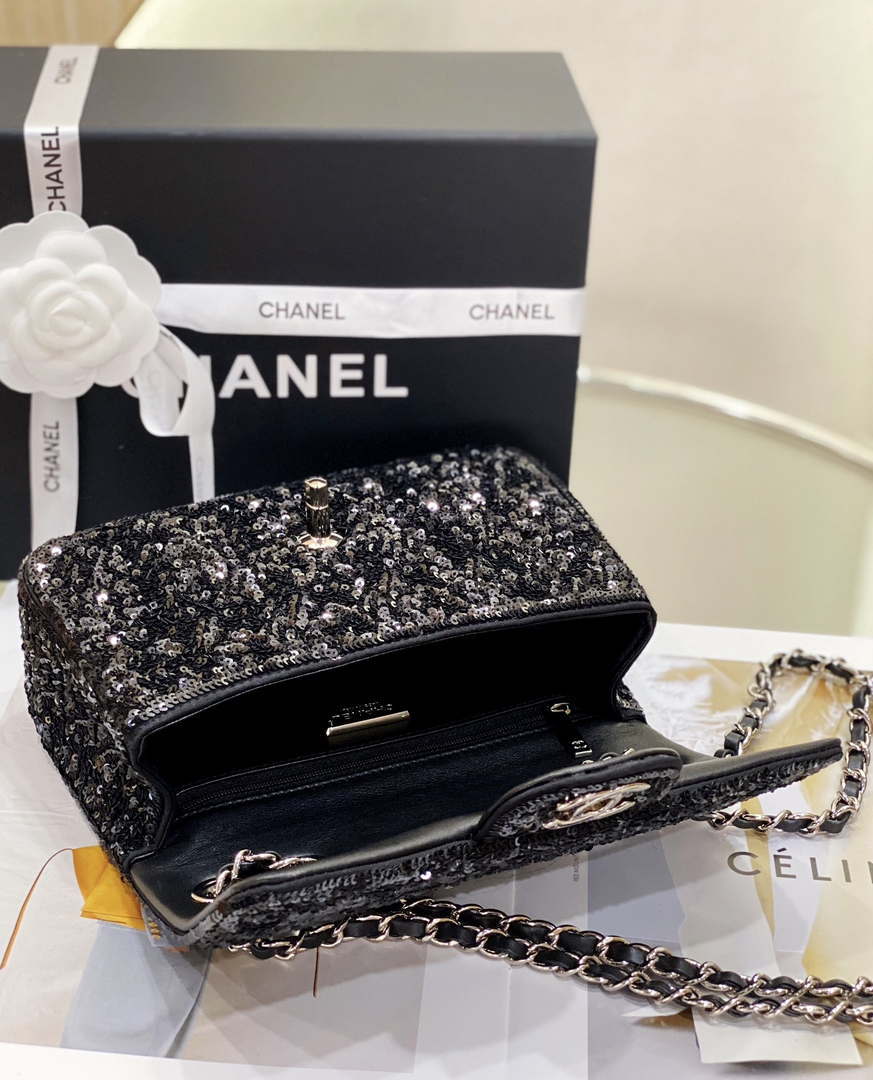 Chanel AS1116 Samll Flap sequin bag sparkling bingbing 20cm Black - Default Title - View 7