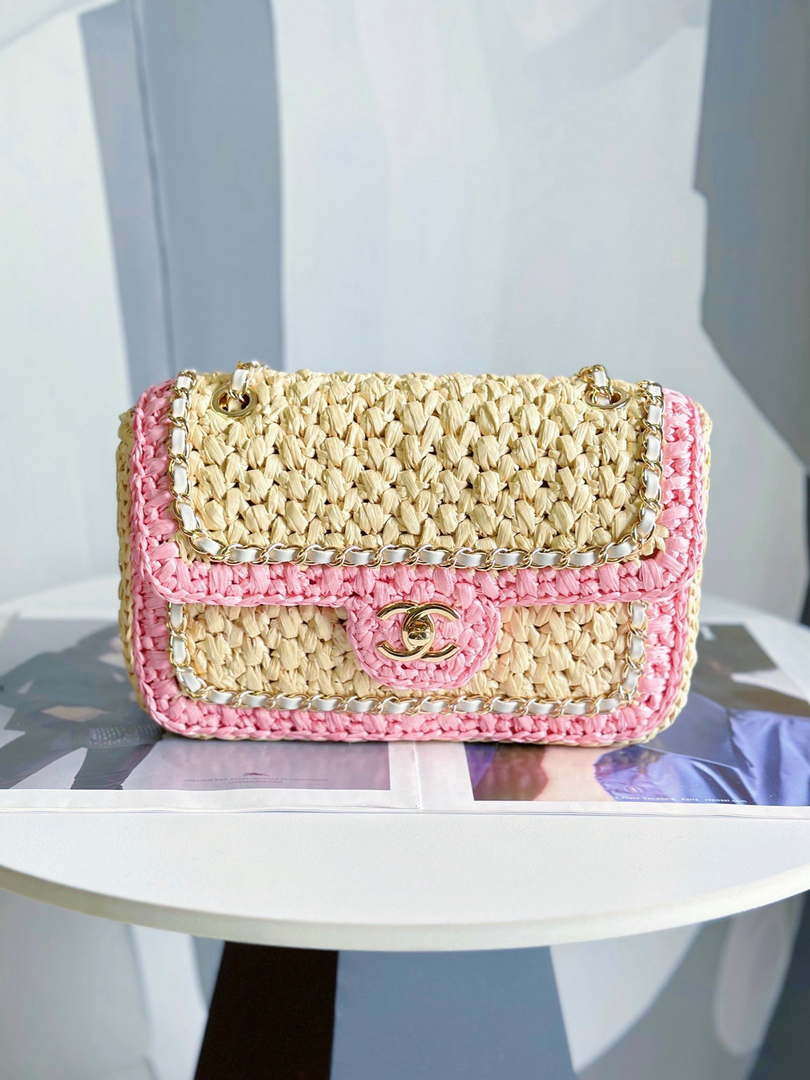 Chanel AS1116 Small Flap bag Raffia A69900 Beige & Pink - Default Title - View 1