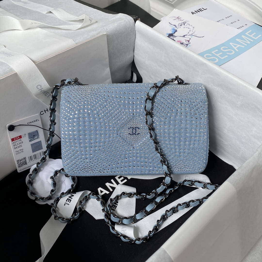 Chanel AS1116 Small Flap bag Velvet Crystal Pearl A69900 Blue