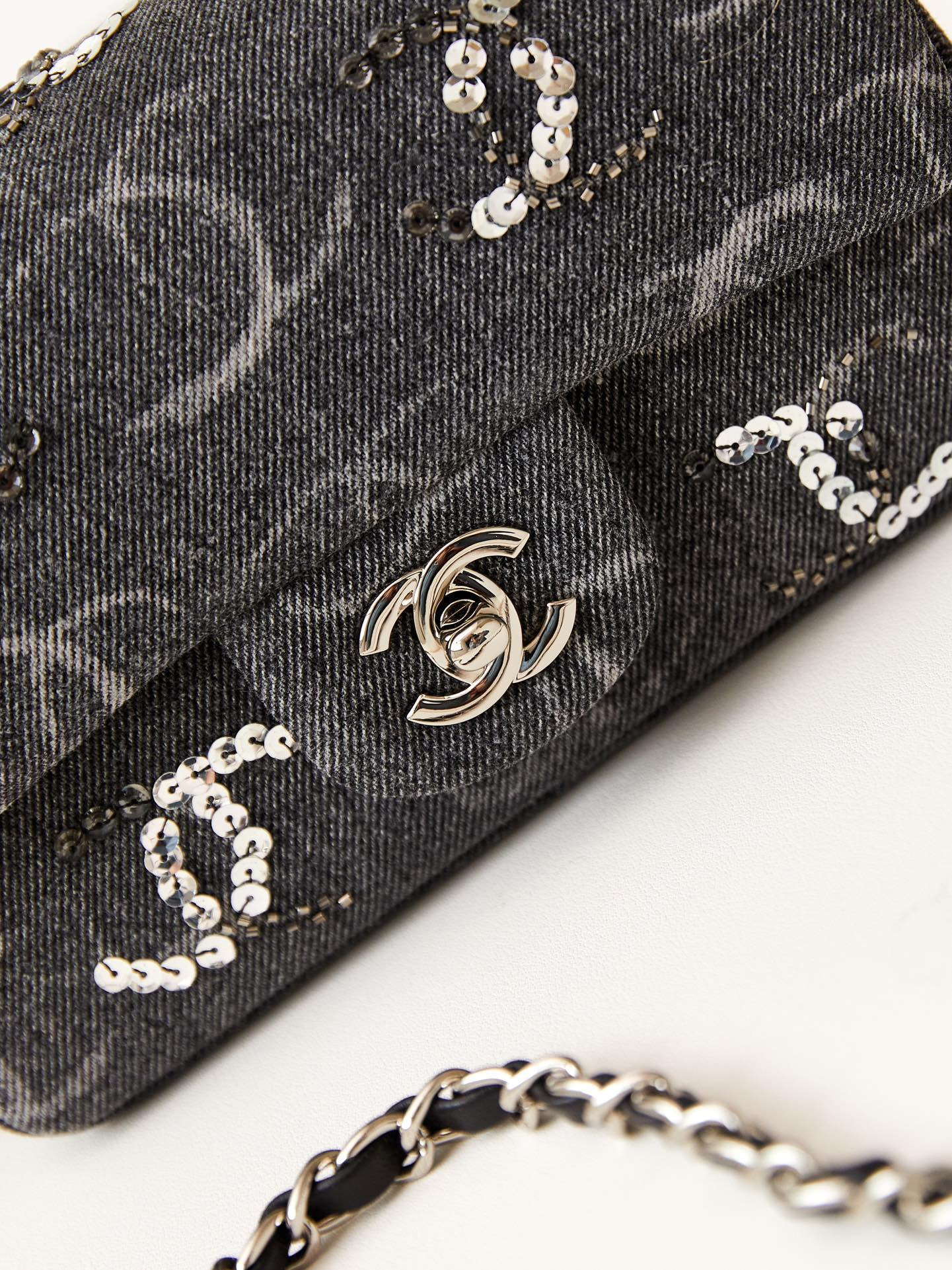 Chanel AS1119 Small Flap Classic Handbag Black Denim beaded sequin bag