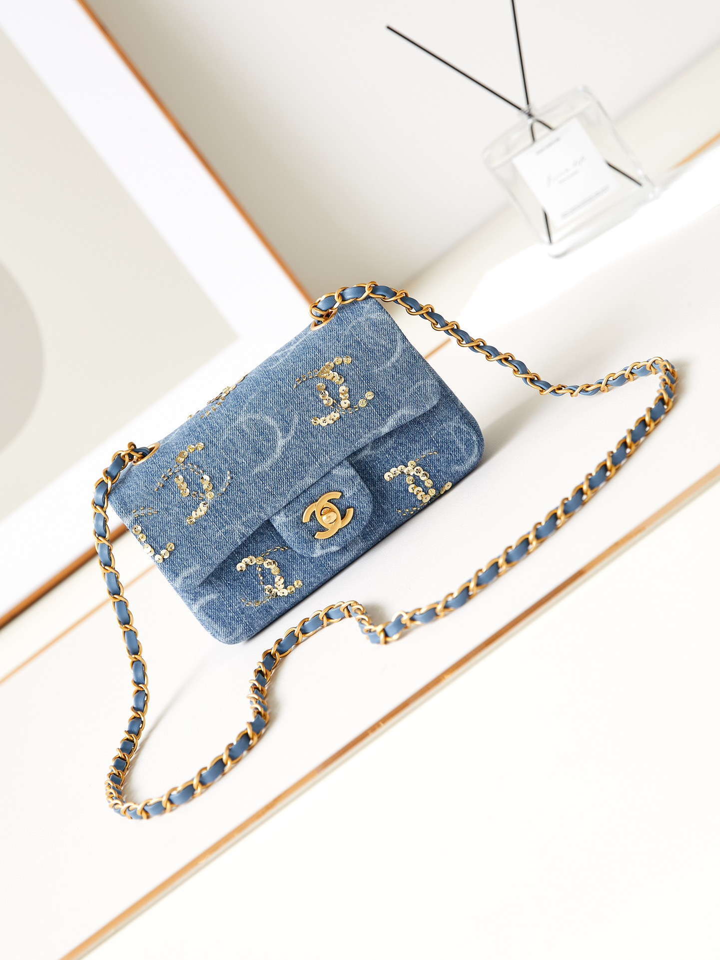 Chanel AS1119 Small Flap Classic Handbag Blue Denim beaded sequin bag
