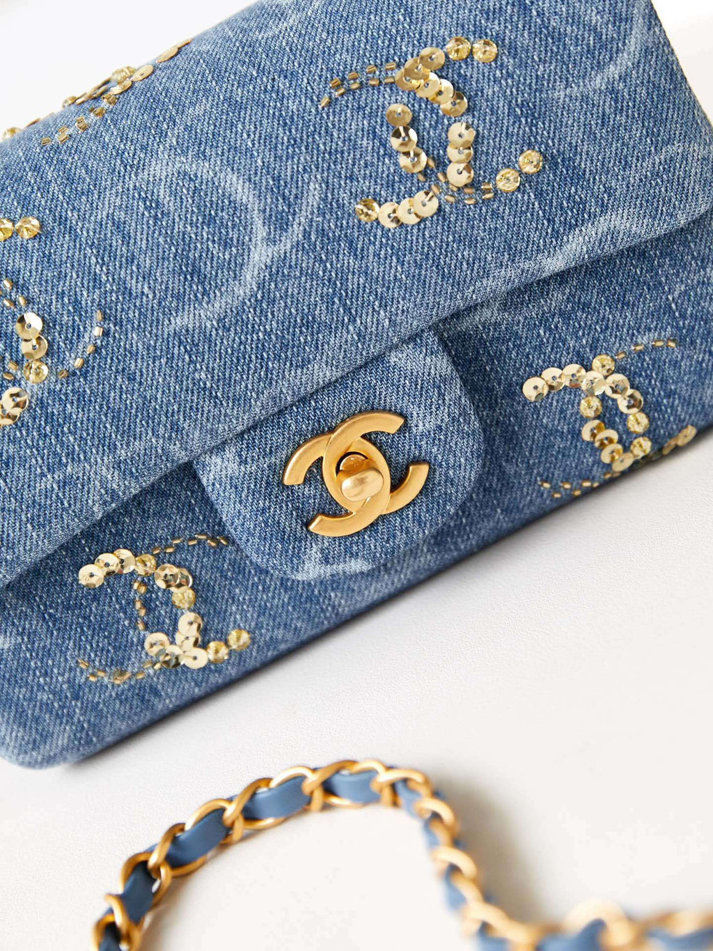 Chanel AS1119 Small Flap Classic Handbag Blue Denim beaded sequin bag