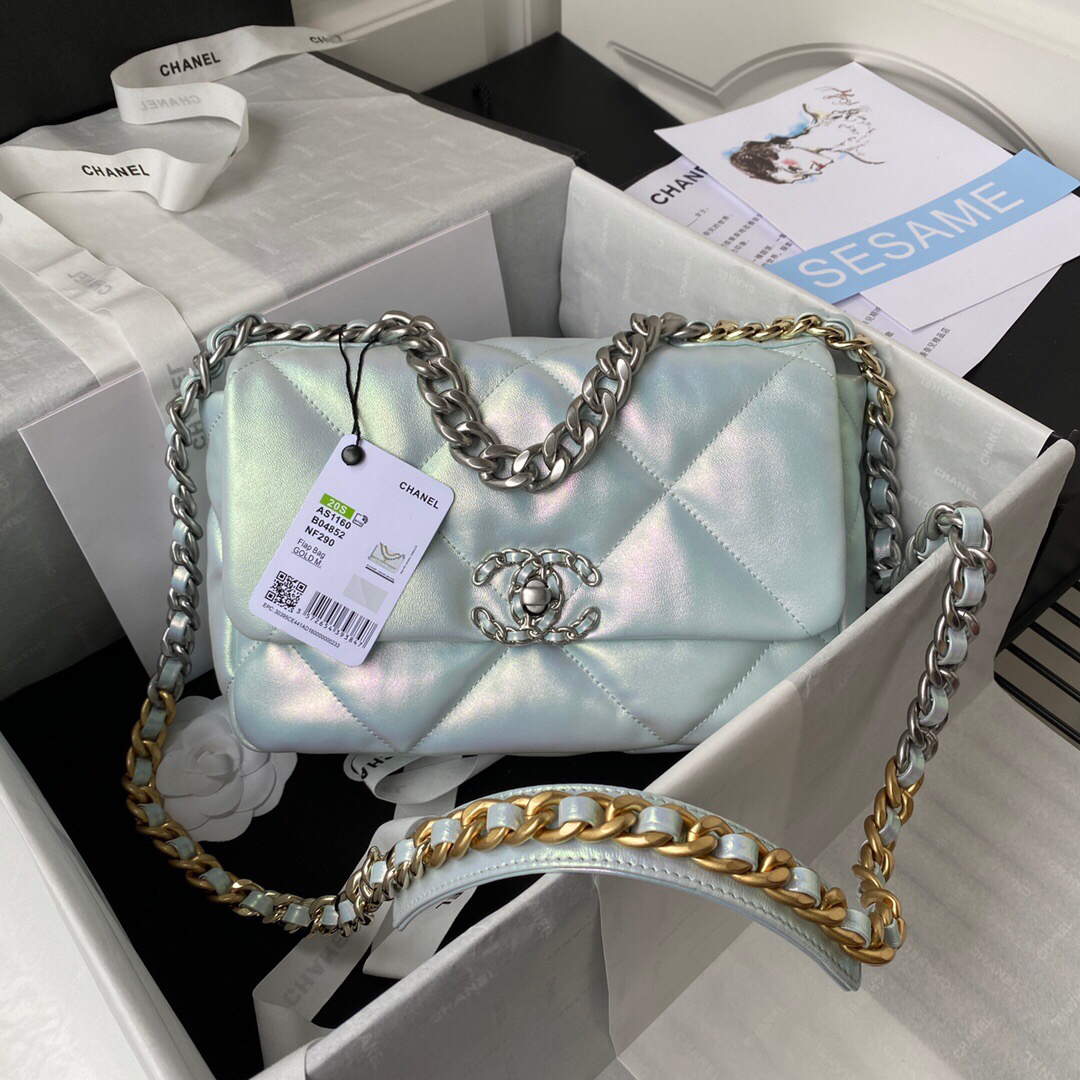 Chanel As1160 Chanel 19 Handbag Flap Lambskin B04852 94305 Light Blue Silver - Default Title - View 1