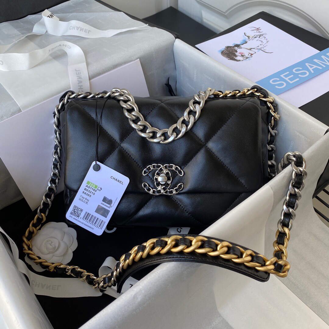Chanel As1160 Chanel 19 Handbag Flap Lambskin B04852 94305 Black Silver - Default Title - View 1