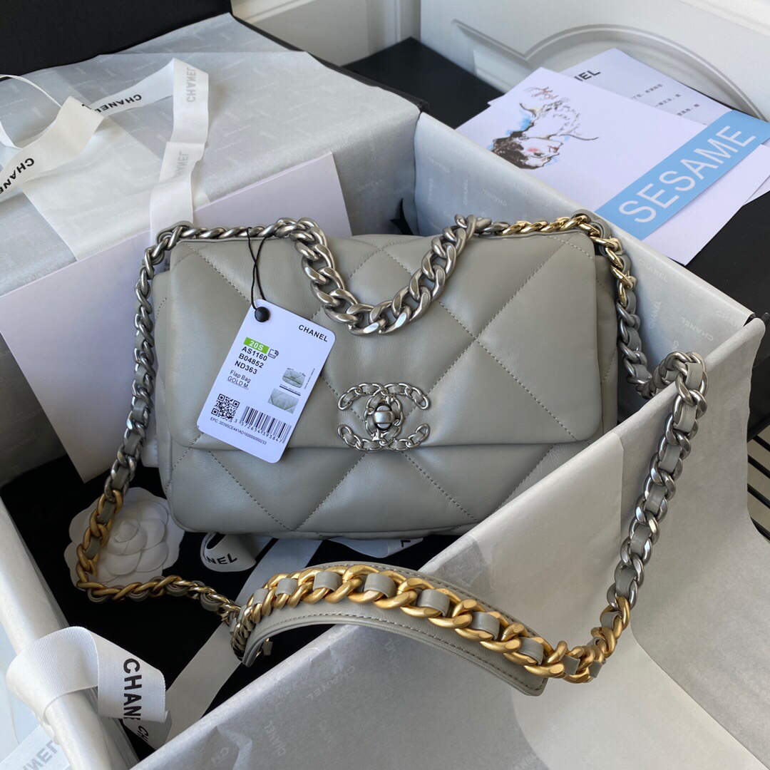 Chanel As1160 Chanel 19 Handbag Flap Lambskin B04852 94305 Grey Silver - Default Title - View 1
