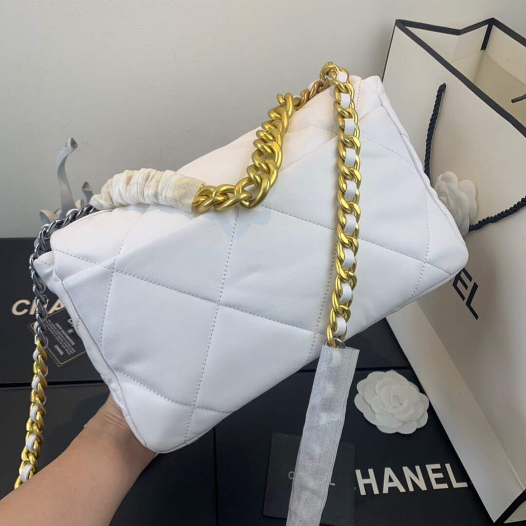 Chanel AS1161 Chanel 19 Large Flap Bag Lambskin B05179 White Gold