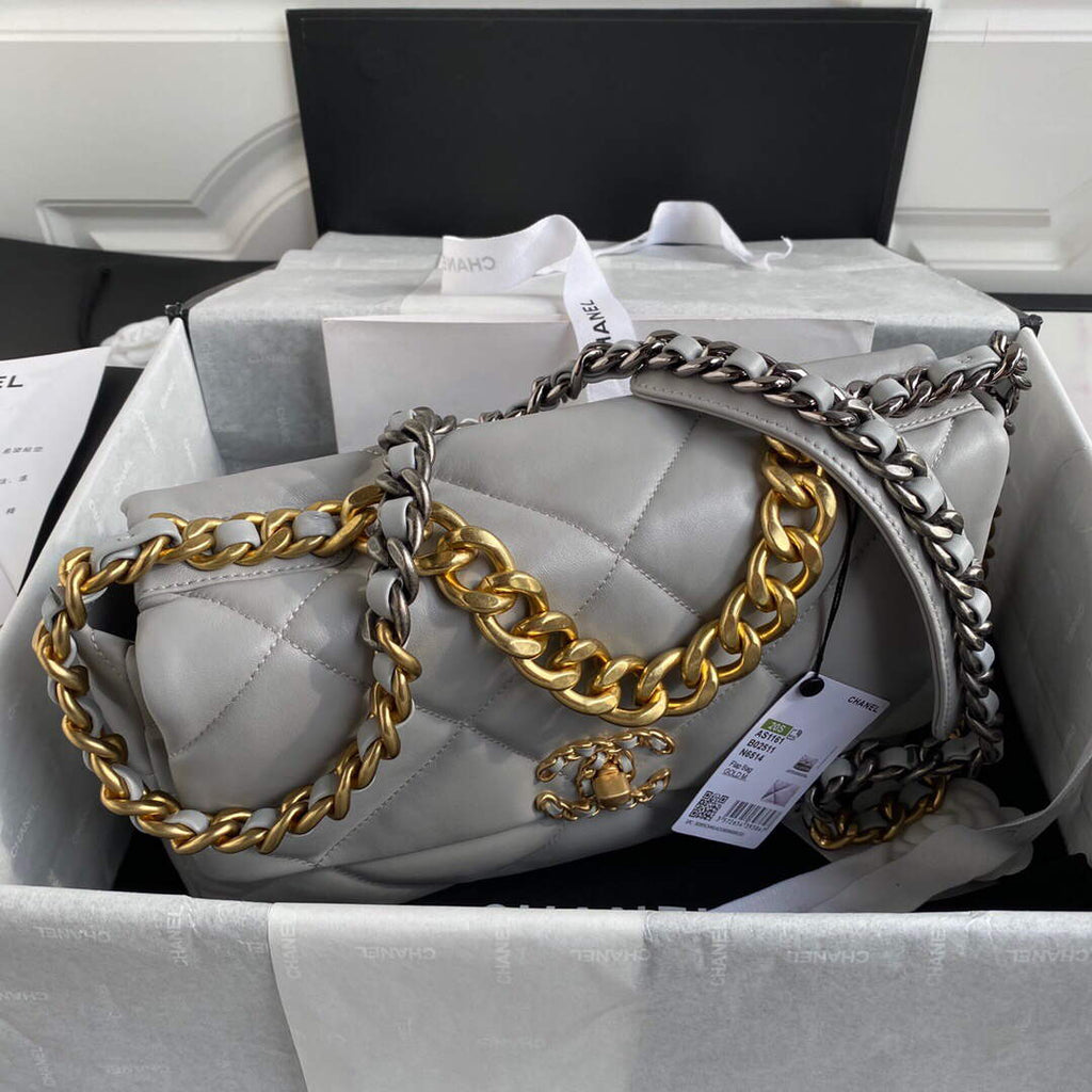 Chanel AS1161 Chanel 19 Large Flap Bag Lambskin B05179 Grey Gold