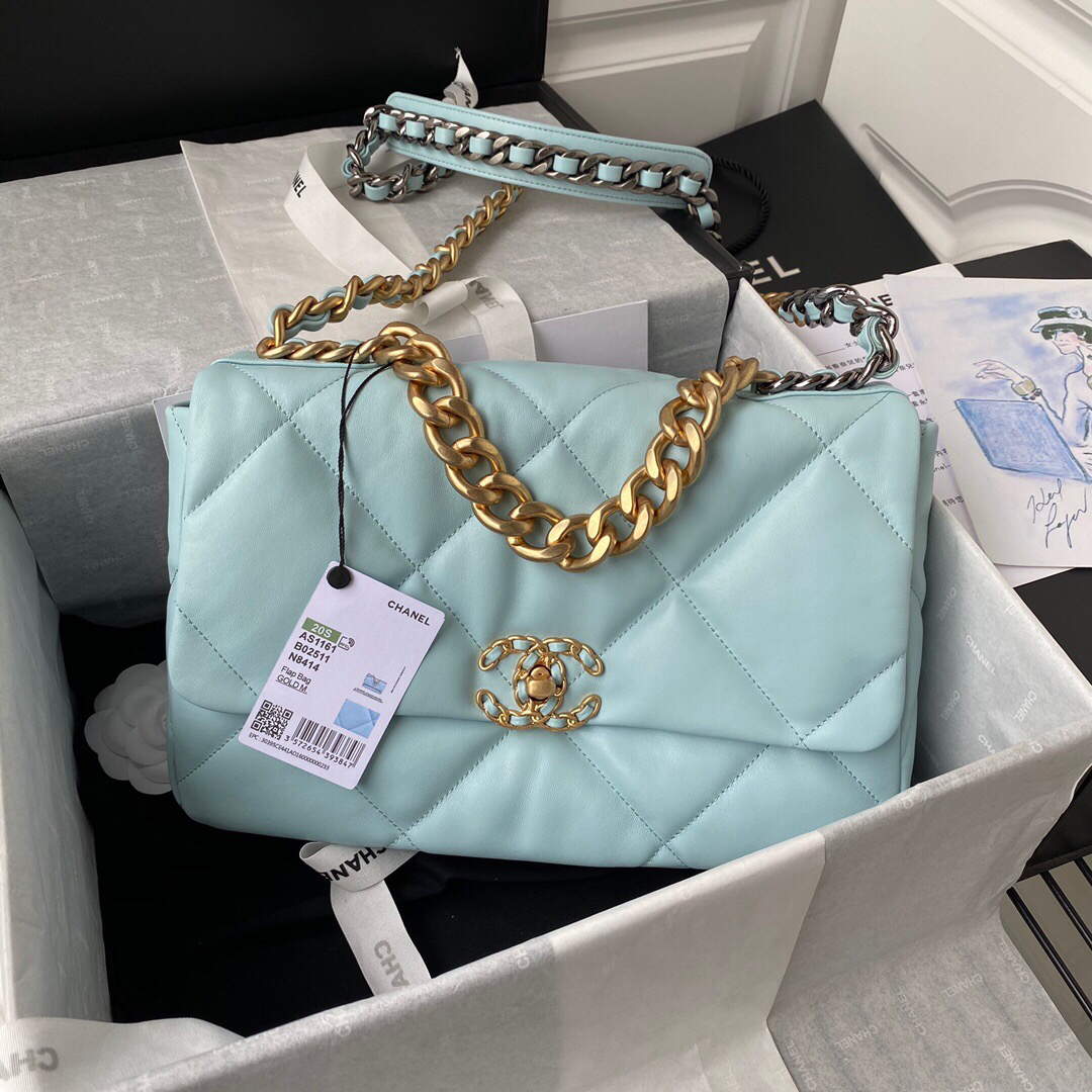 Chanel AS1161 Chanel 19 Large Flap Bag Lambskin B05179 Ligth Blue Gold - Default Title - View 1