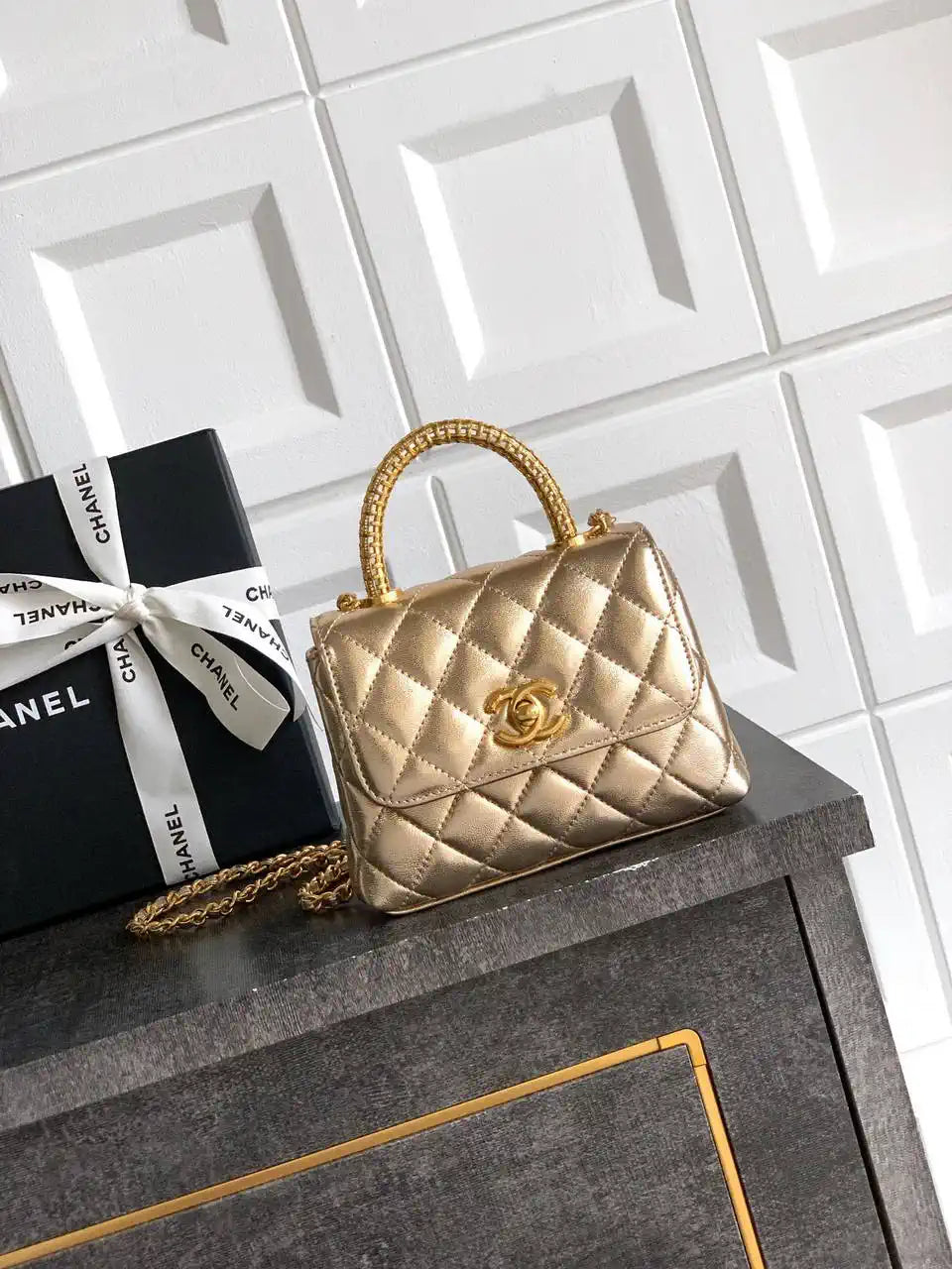Chanel AS2214 Mini Flap Bag with Top Handle calfskin diamante gold metal Gold