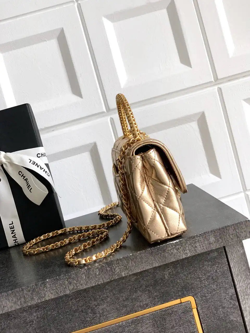 Chanel AS2214 Mini Flap Bag with Top Handle calfskin diamante gold metal Gold