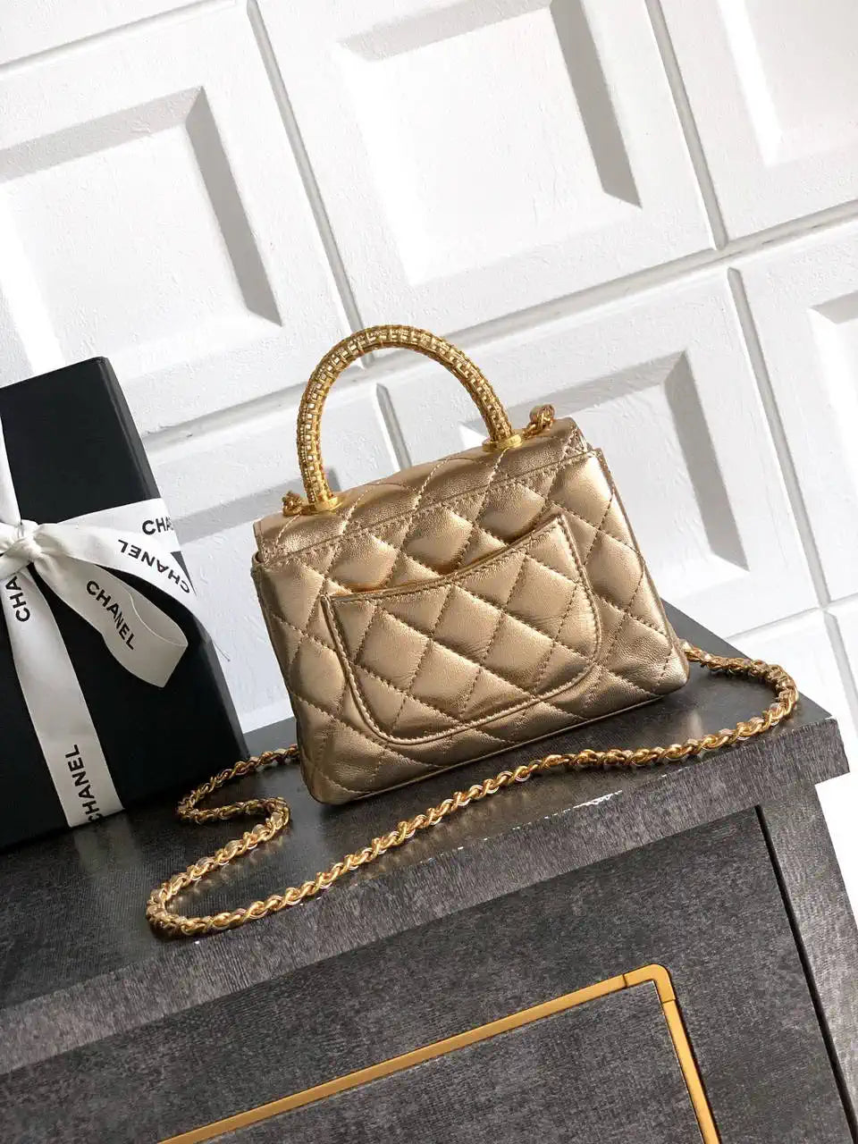 Chanel AS2214 Mini Flap Bag with Top Handle calfskin diamante gold metal Gold
