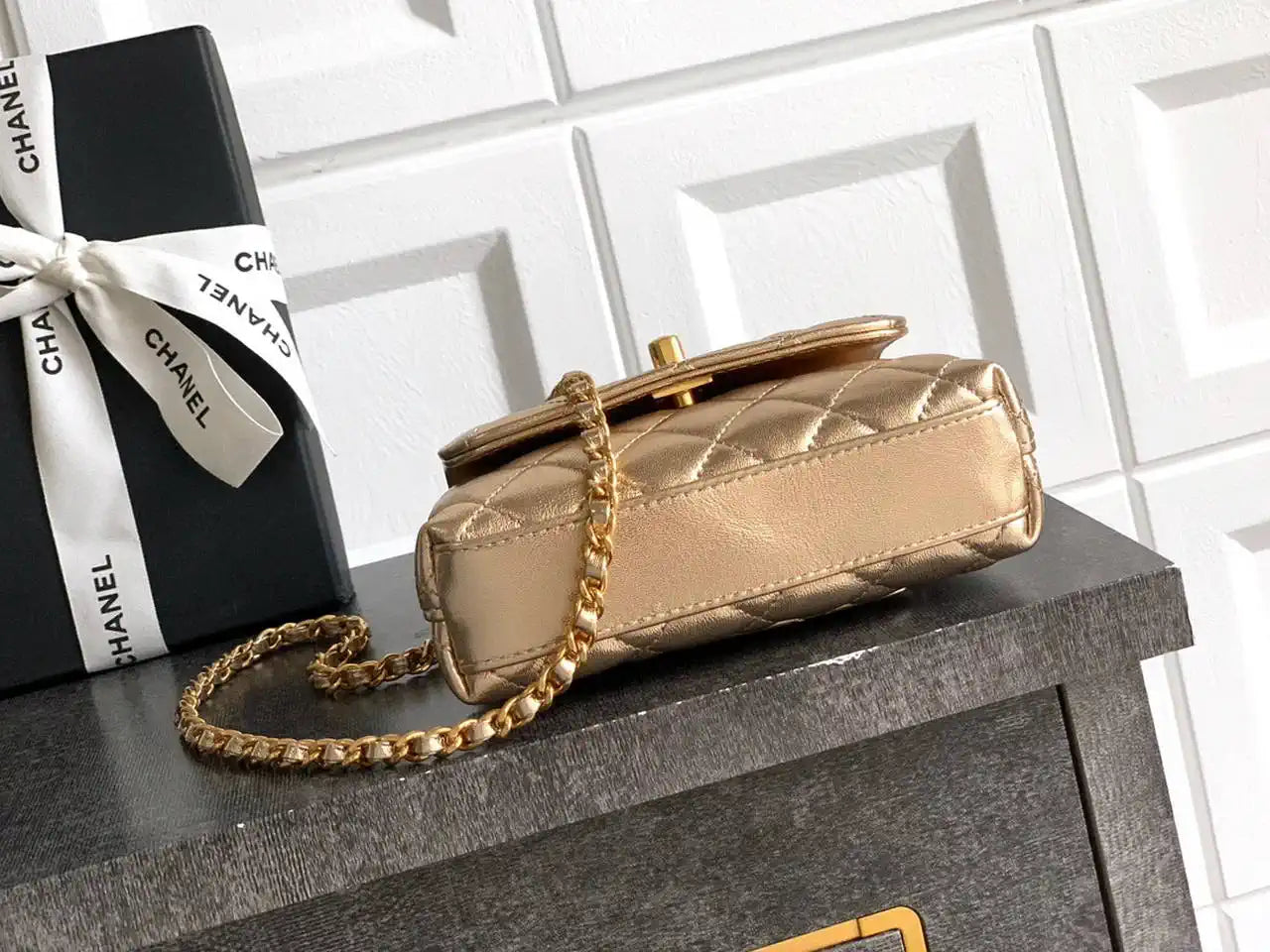 Chanel AS2214 Mini Flap Bag with Top Handle calfskin diamante gold metal Gold