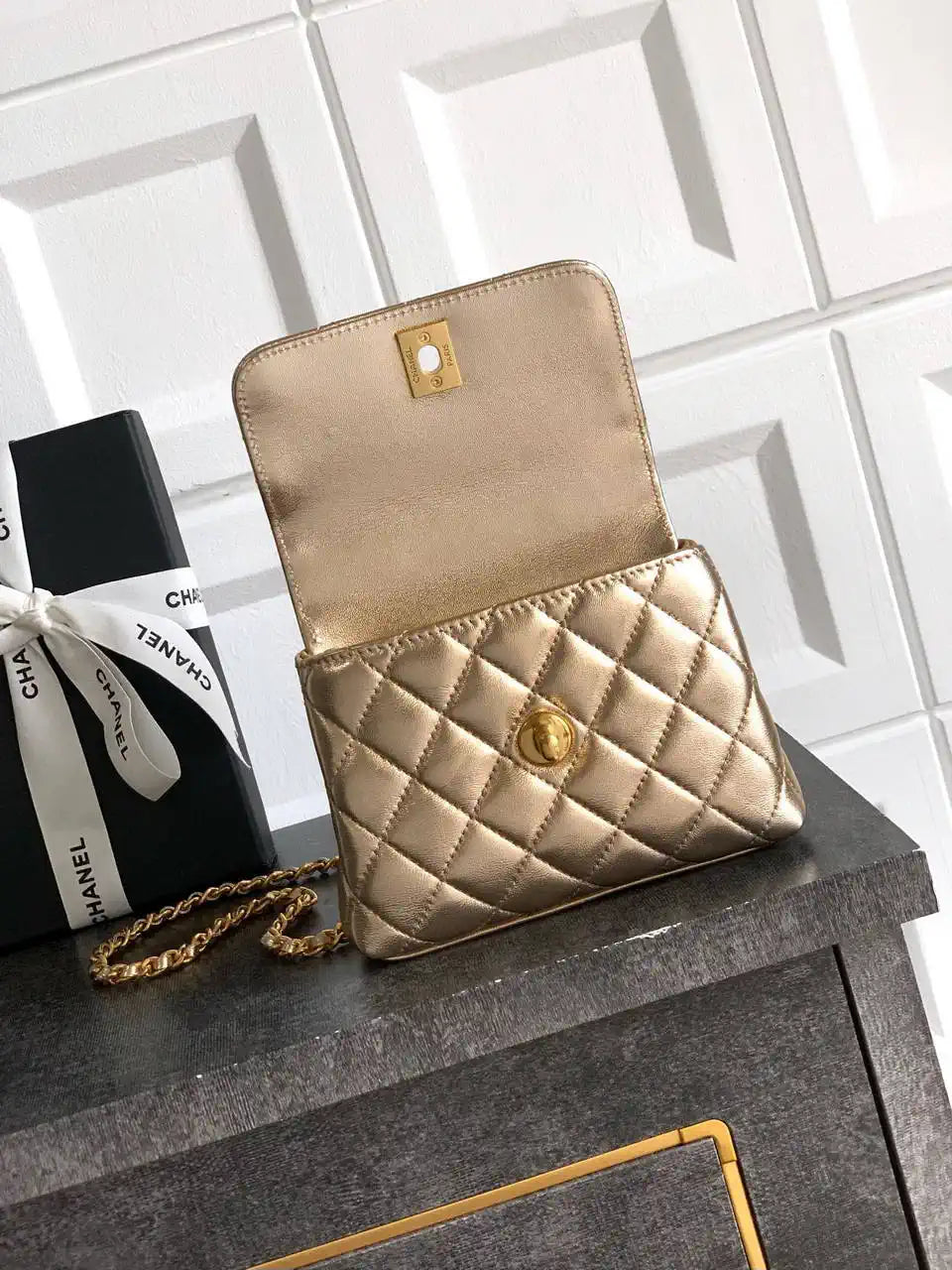 Chanel AS2214 Mini Flap Bag with Top Handle calfskin diamante gold metal Gold
