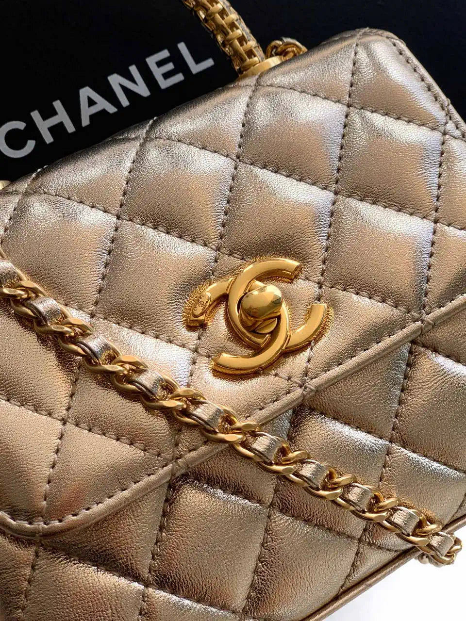 Chanel AS2214 Mini Flap Bag with Top Handle calfskin diamante gold metal Gold