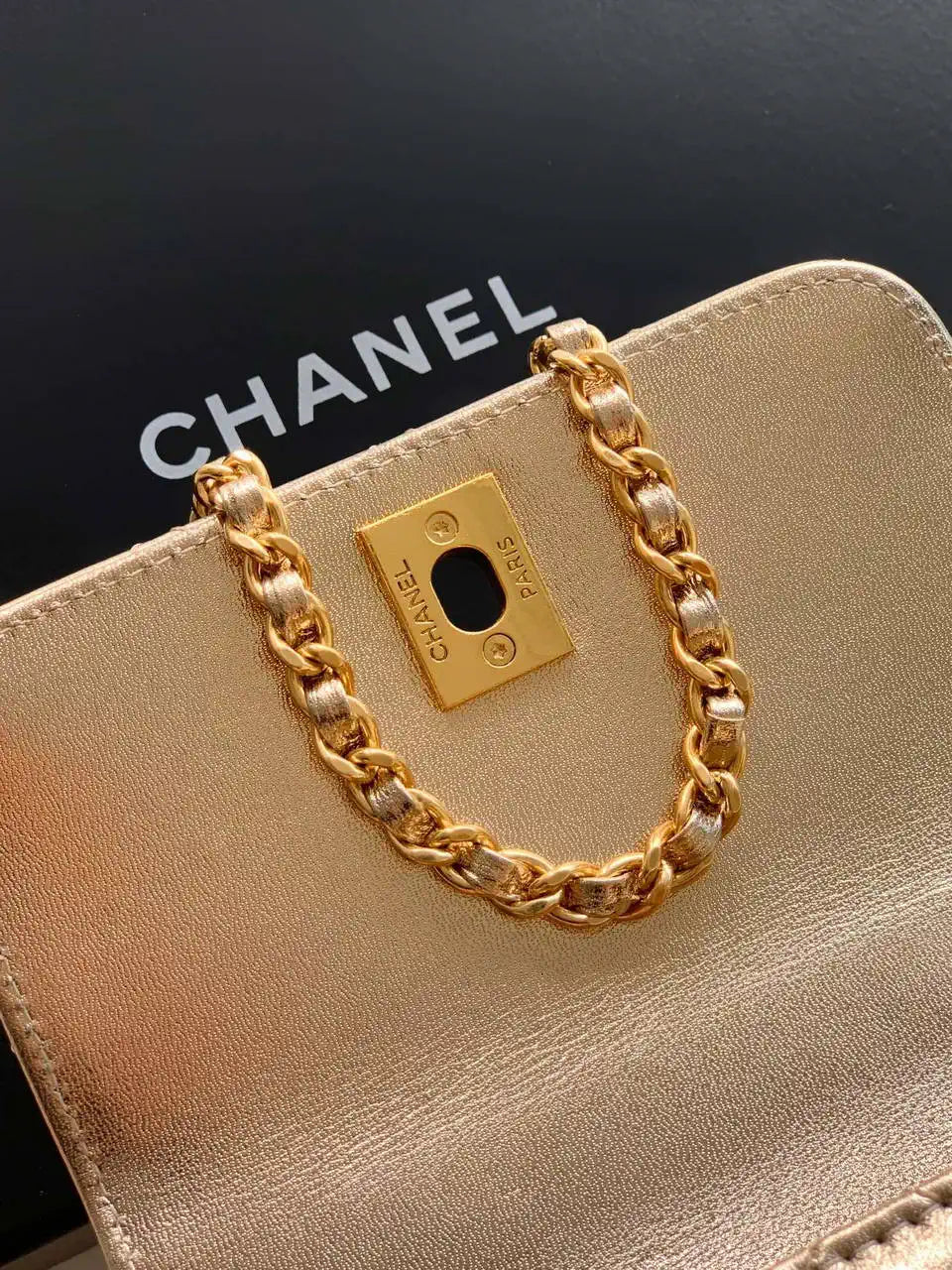 Chanel AS2214 Mini Flap Bag with Top Handle calfskin diamante gold metal Gold
