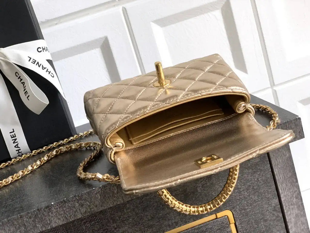 Chanel AS2214 Mini Flap Bag with Top Handle calfskin diamante gold metal Gold