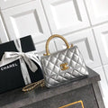 Chanel AS2214 Mini Flap Bag with Top Handle calfskin diamante gold metal Silver