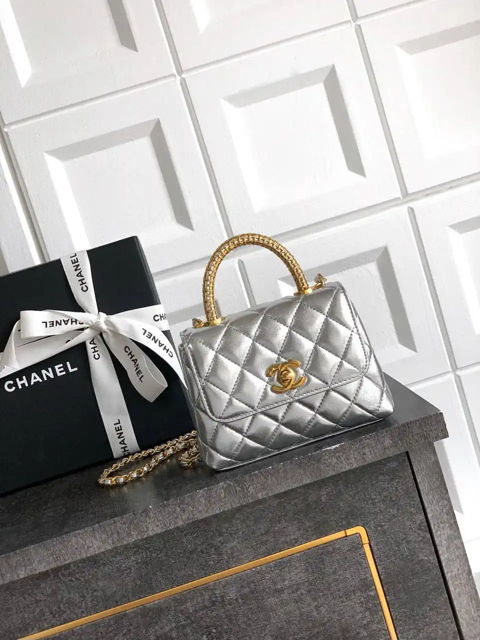 Chanel AS2214 Mini Flap Bag with Top Handle calfskin diamante gold metal Silver