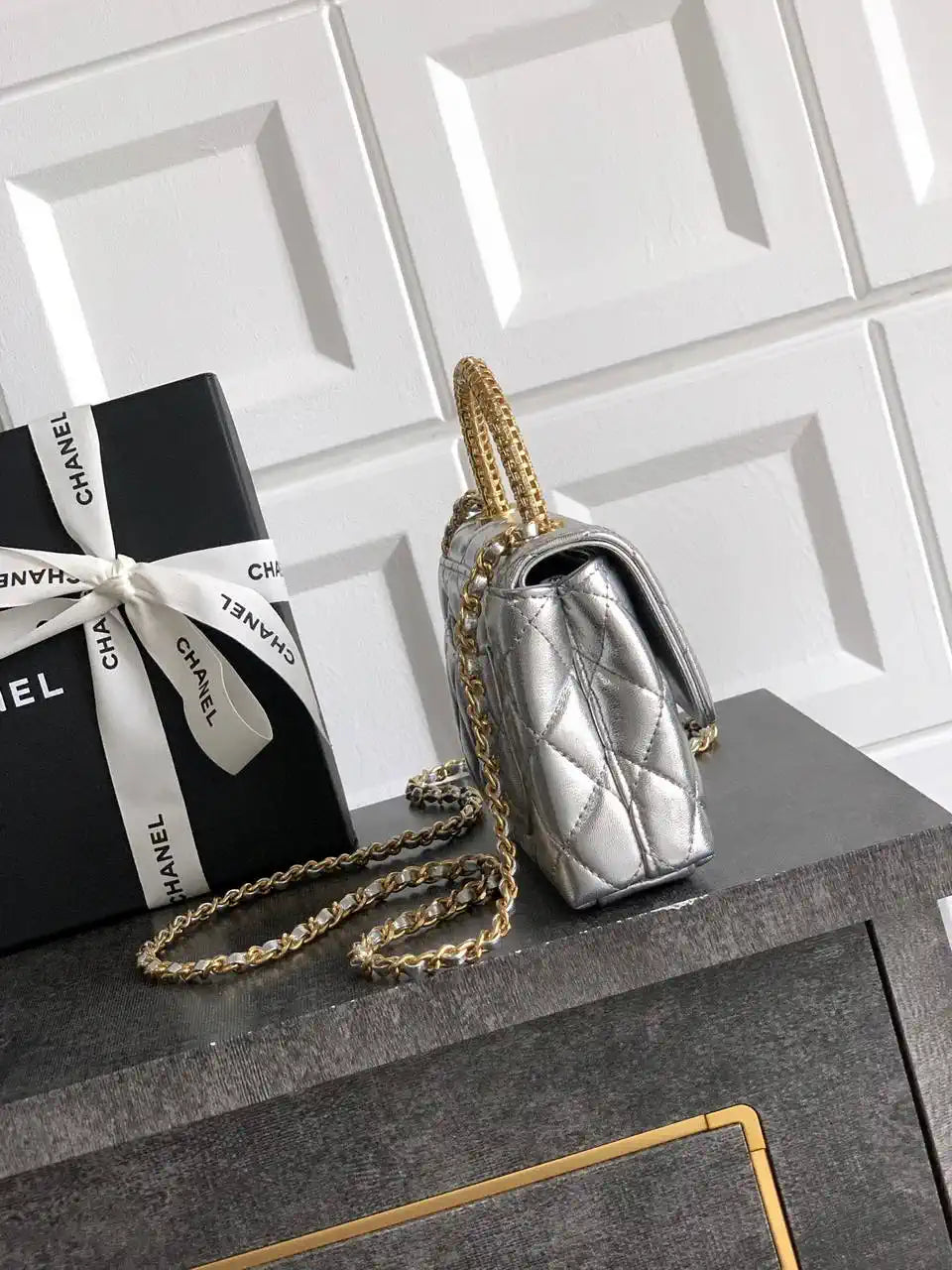 Chanel AS2214 Mini Flap Bag with Top Handle calfskin diamante gold metal Silver