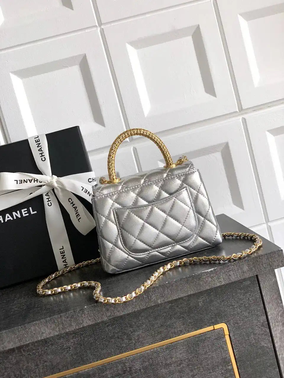 Chanel AS2214 Mini Flap Bag with Top Handle calfskin diamante gold metal Silver