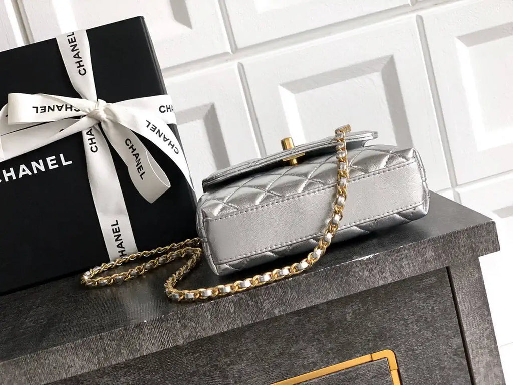 Chanel AS2214 Mini Flap Bag with Top Handle calfskin diamante gold metal Silver
