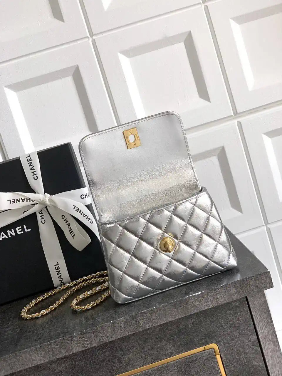 Chanel AS2214 Mini Flap Bag with Top Handle calfskin diamante gold metal Silver